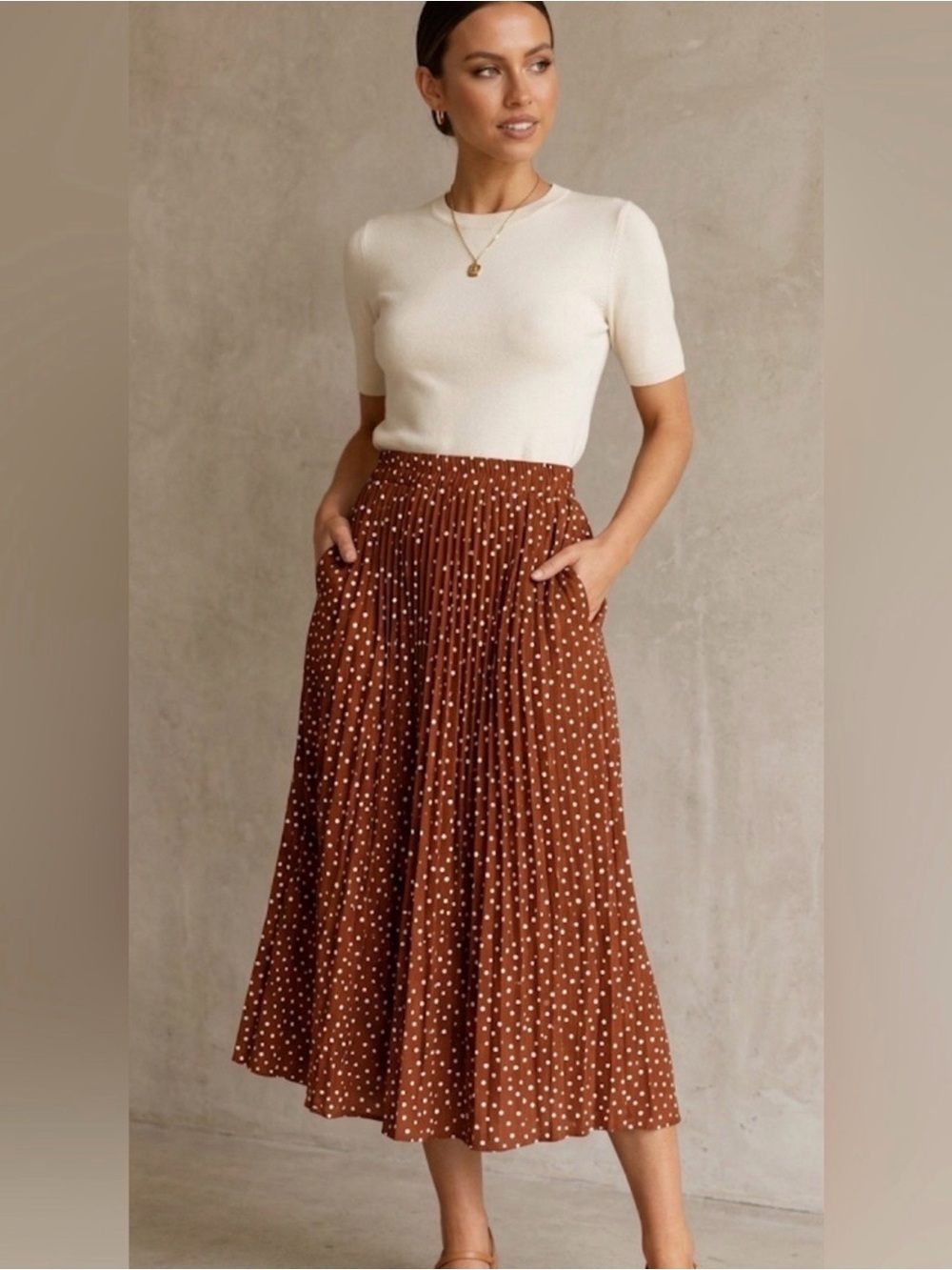 Polka Dot Pleated Midi Skirt in Brown